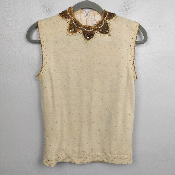 Vintage 1960s Marchessa Beaded Tank Top Womens Small 36 Cream Wool Angora FLAWED - Picture 1 of 10